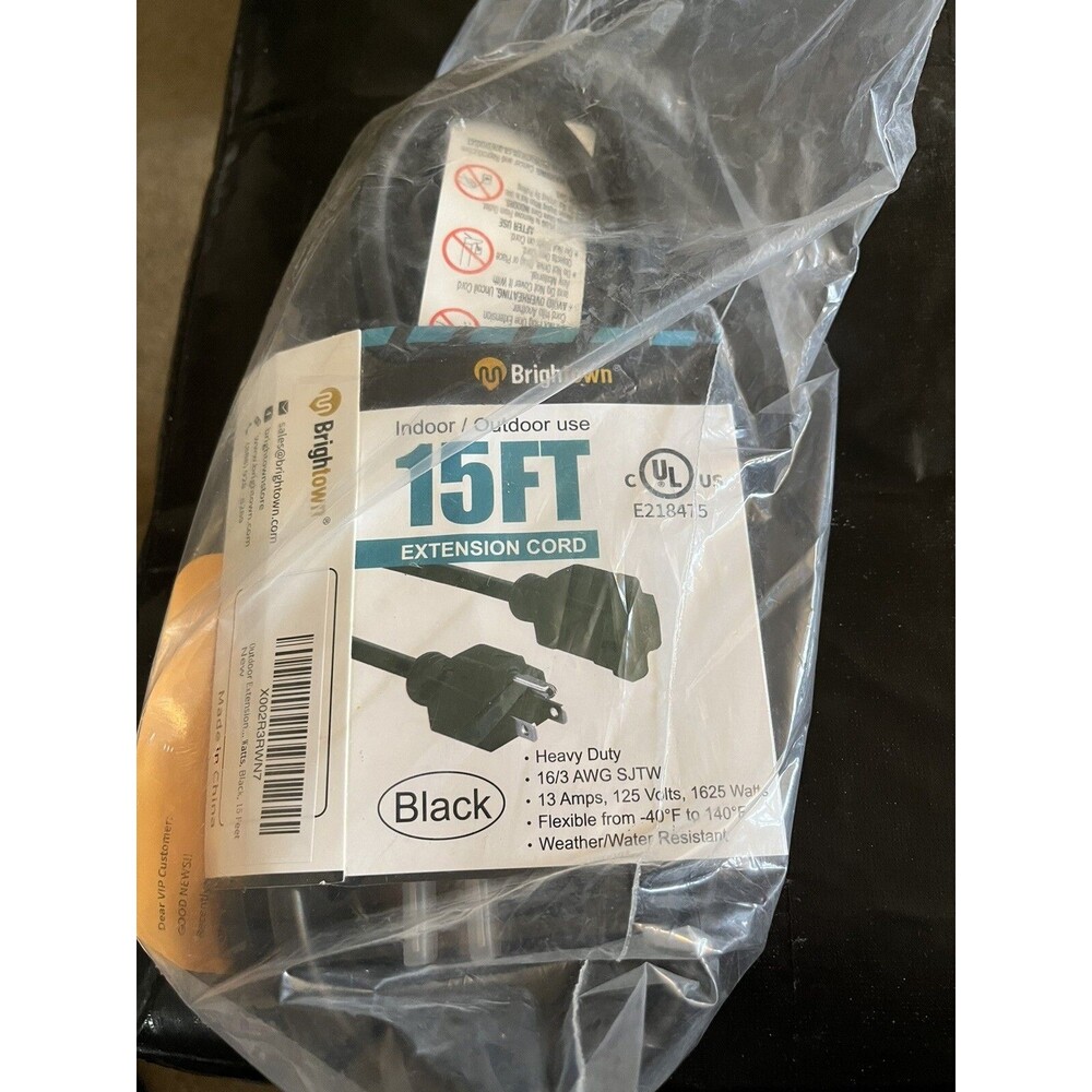 Black  Extension Cord 8/15 ft for Outdoor & Indoor, 16/3 SJTW Heavy Duty